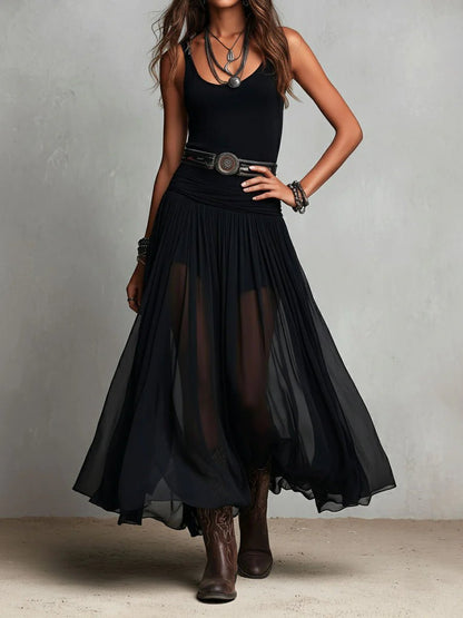 Elegant Maxi Skirt for Women with High Waist Sheer Overlay Flowing Formal Style