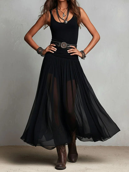 Elegant Maxi Skirt for Women with High Waist Sheer Overlay Flowing Formal Style