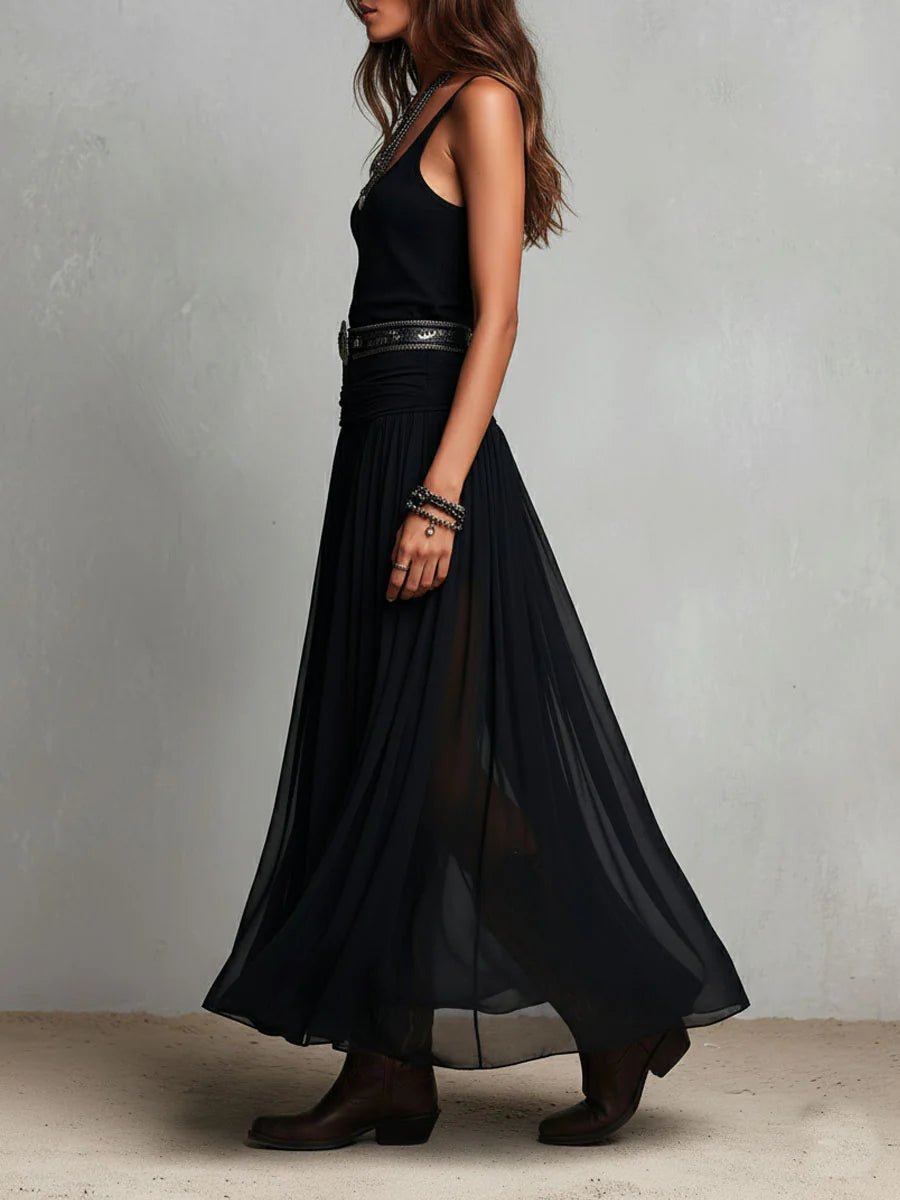 Elegant Maxi Skirt for Women with High Waist Sheer Overlay Flowing Formal Style