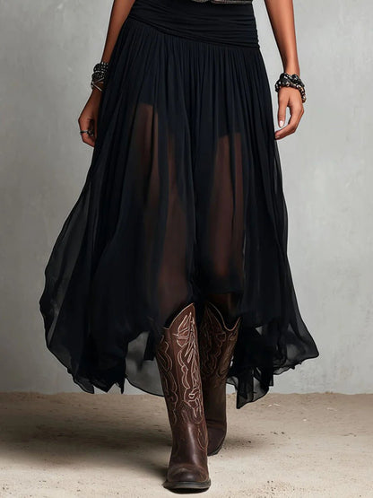 Elegant Maxi Skirt for Women with High Waist Sheer Overlay Flowing Formal Style