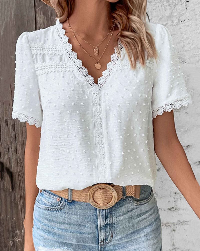 Effortless Lace Trim Blouse for Women with V Neck Short Sleeve Textured Casual Style