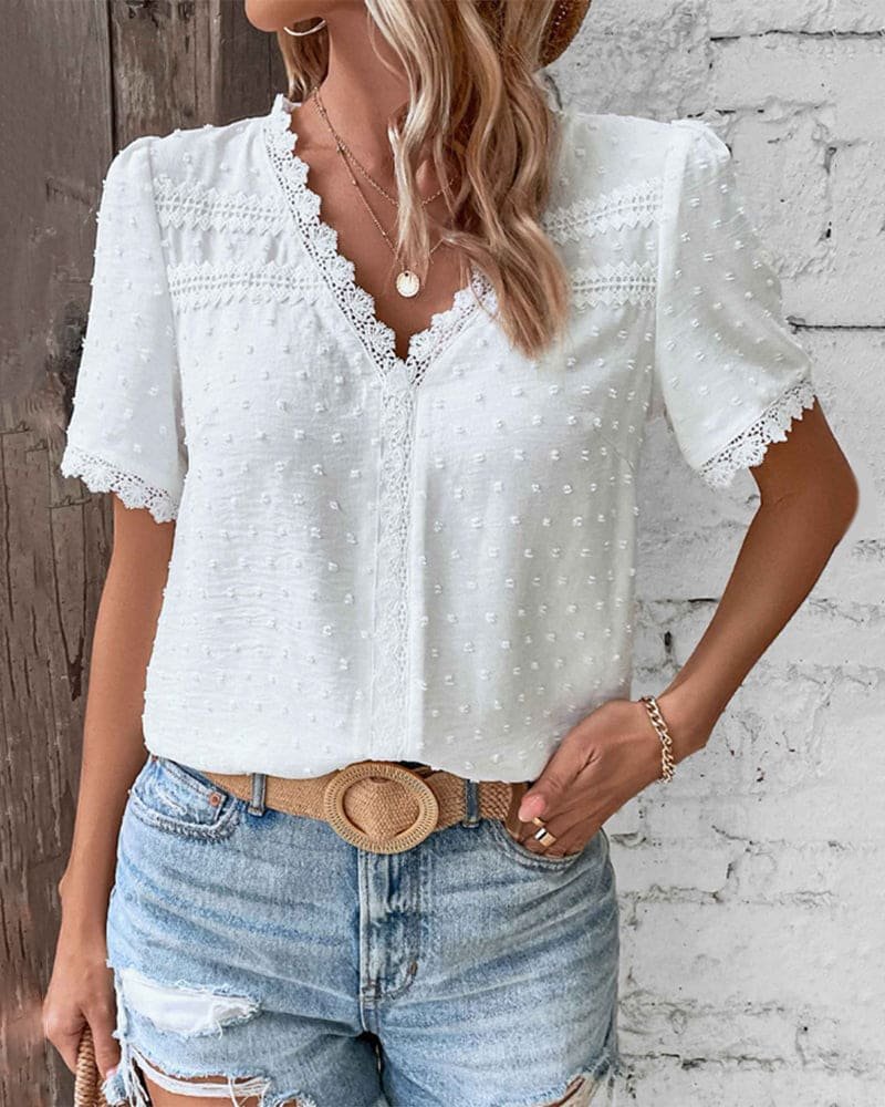 Effortless Lace Trim Blouse for Women with V Neck Short Sleeve Textured Casual Style
