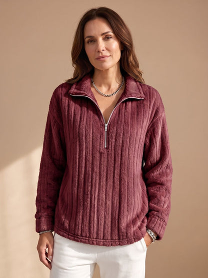 Cozy Plush Fleece Quarter-Zip Pullover for Women with Ribbed Texture Collar Long Sleeve Warm Sweater Style