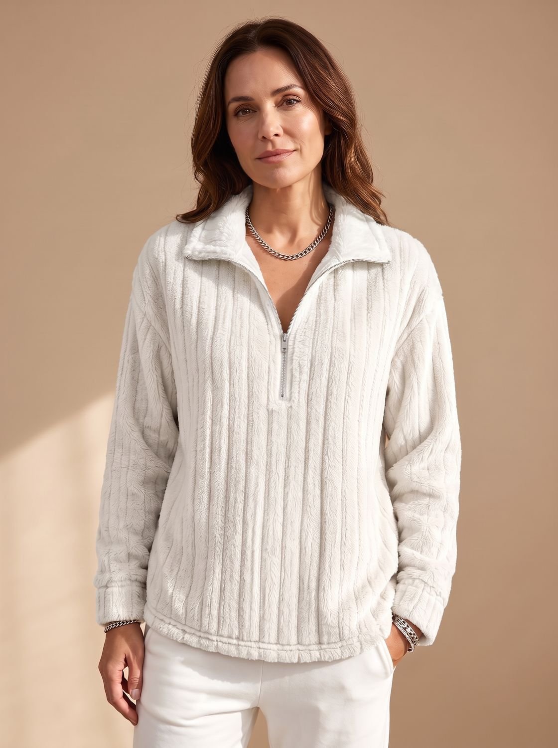 Cozy Plush Fleece Quarter-Zip Pullover for Women with Ribbed Texture Collar Long Sleeve Warm Sweater Style