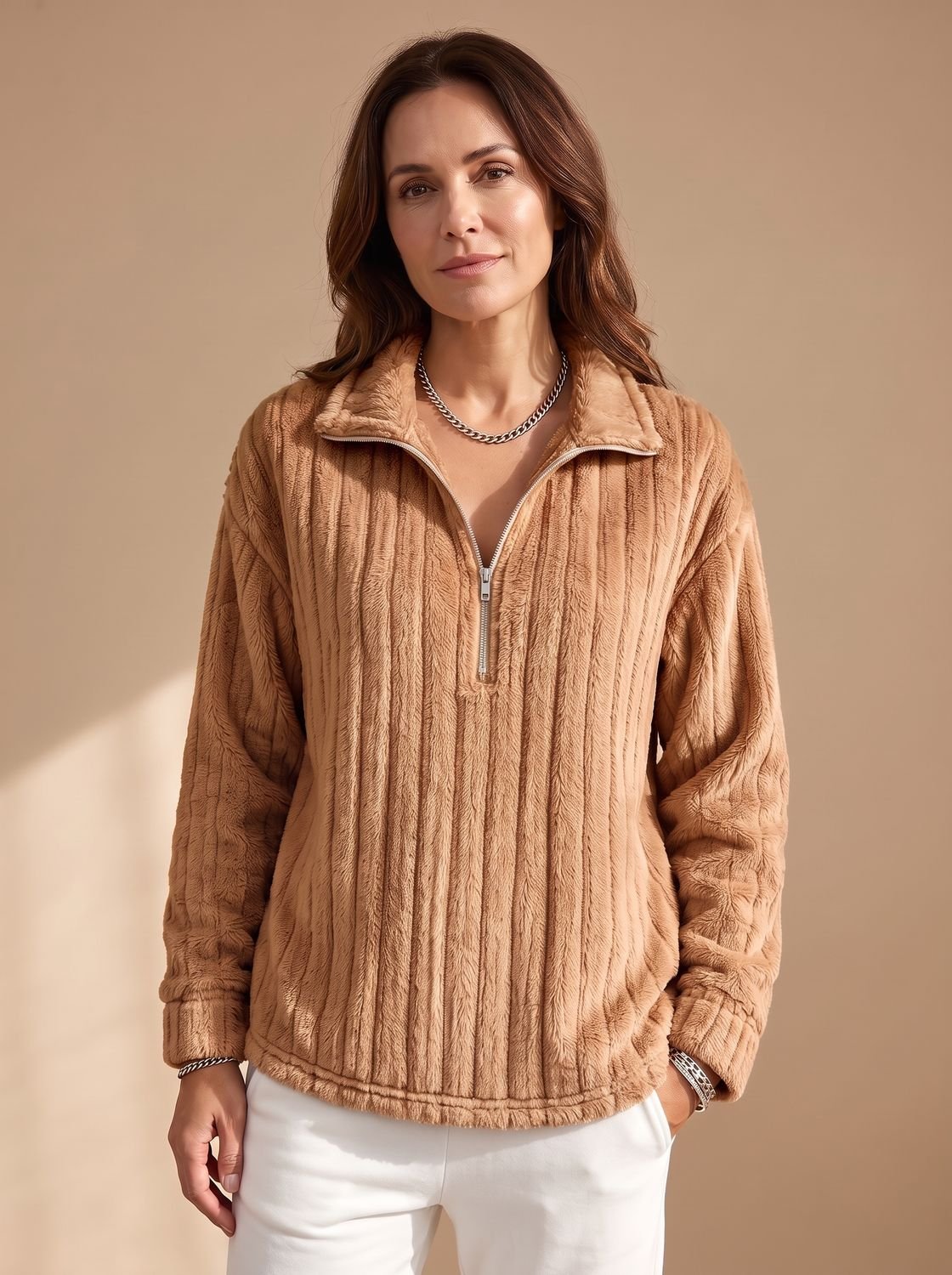 Cozy Plush Fleece Quarter-Zip Pullover for Women with Ribbed Texture Collar Long Sleeve Warm Sweater Style