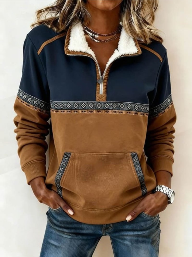 Comfortable Multicolor Sweatshirt for Women with Sherpa Collar Long Sleeve Quarter Zip Aztec Trim Style