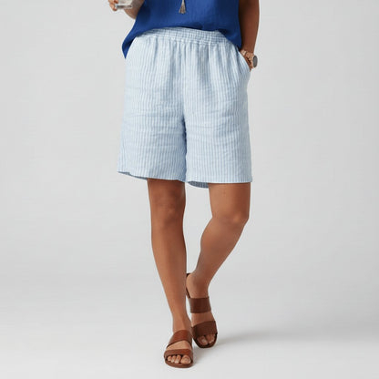 Effortless Striped Linen Bermuda Shorts for Women with High Waist Elastic Relaxed Casual Style
