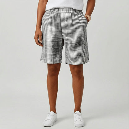Effortless Striped Linen Bermuda Shorts for Women with High Waist Elastic Relaxed Casual Style