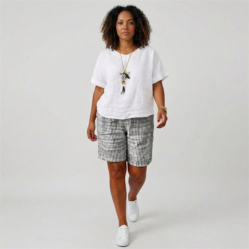 Effortless Striped Linen Bermuda Shorts for Women with High Waist Elastic Relaxed Casual Style