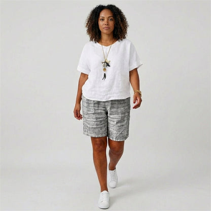 Effortless Striped Linen Bermuda Shorts for Women with High Waist Elastic Relaxed Casual Style