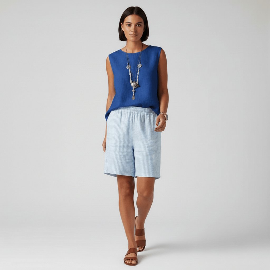 Effortless Striped Linen Bermuda Shorts for Women with High Waist Elastic Relaxed Casual Style