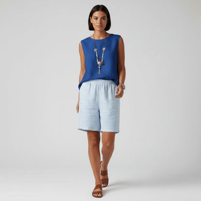 Effortless Striped Linen Bermuda Shorts for Women with High Waist Elastic Relaxed Casual Style
