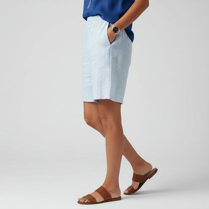 Effortless Striped Linen Bermuda Shorts for Women with High Waist Elastic Relaxed Casual Style