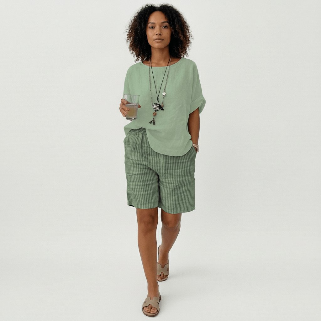 Effortless Striped Linen Bermuda Shorts for Women with High Waist Elastic Relaxed Casual Style