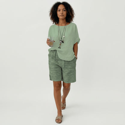 Effortless Striped Linen Bermuda Shorts for Women with High Waist Elastic Relaxed Casual Style