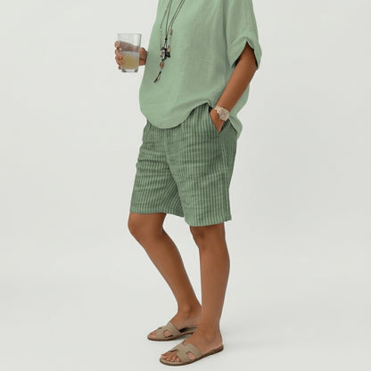 Effortless Striped Linen Bermuda Shorts for Women with High Waist Elastic Relaxed Casual Style