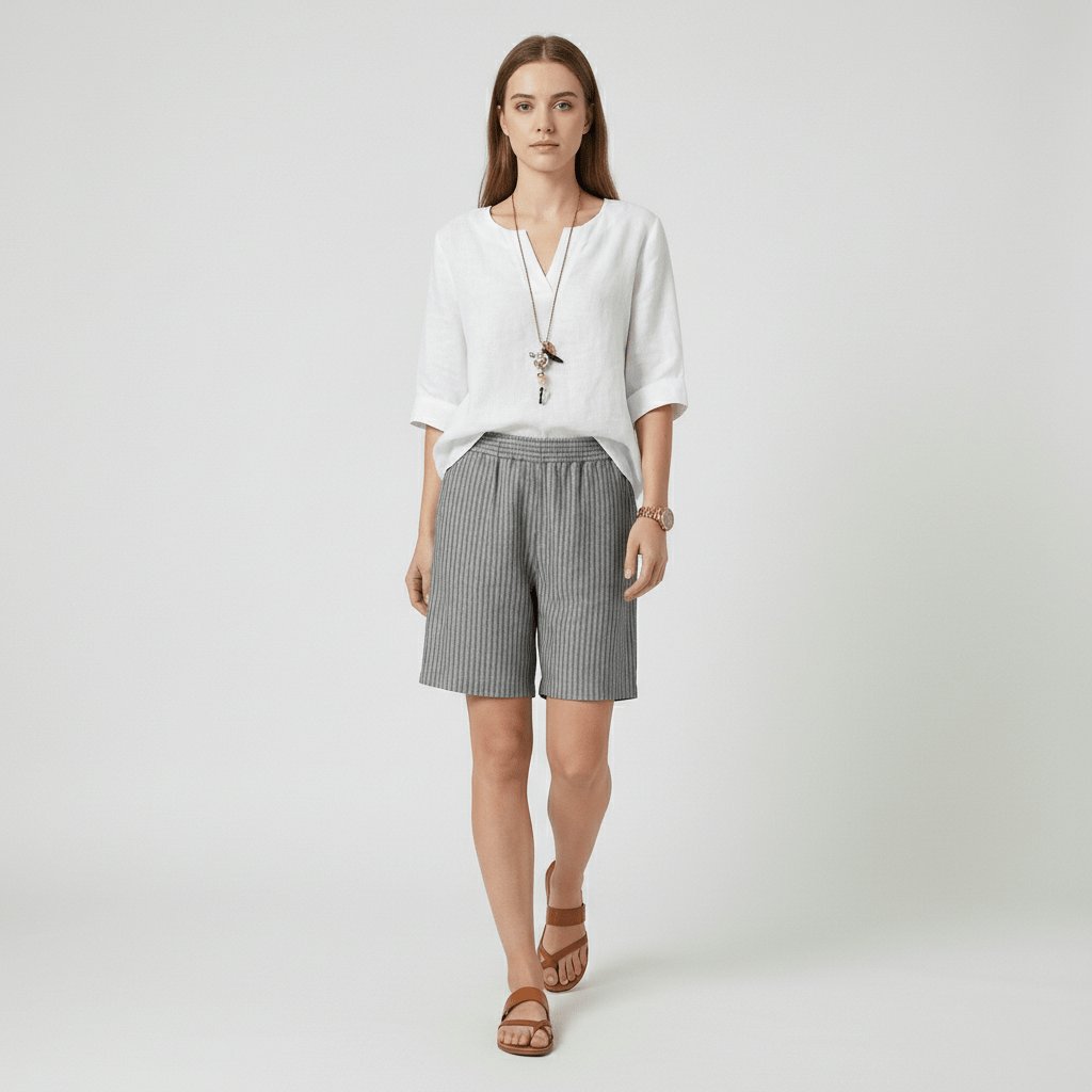 Effortless Striped Linen Bermuda Shorts for Women with High Waist Elastic Relaxed Casual Style