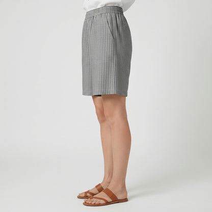 Effortless Striped Linen Bermuda Shorts for Women with High Waist Elastic Relaxed Casual Style