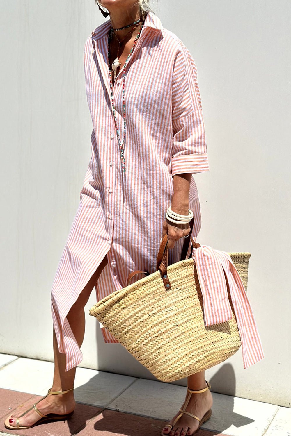 Effortless Striped Shirt Dress for Women with Collared Neck Button Front Belted Maxi Casual Style
