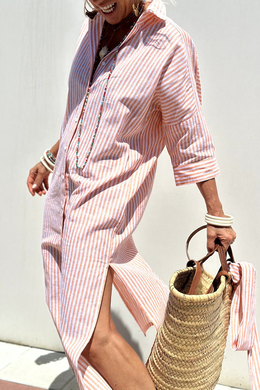 Effortless Striped Shirt Dress for Women with Collared Neck Button Front Belted Maxi Casual Style