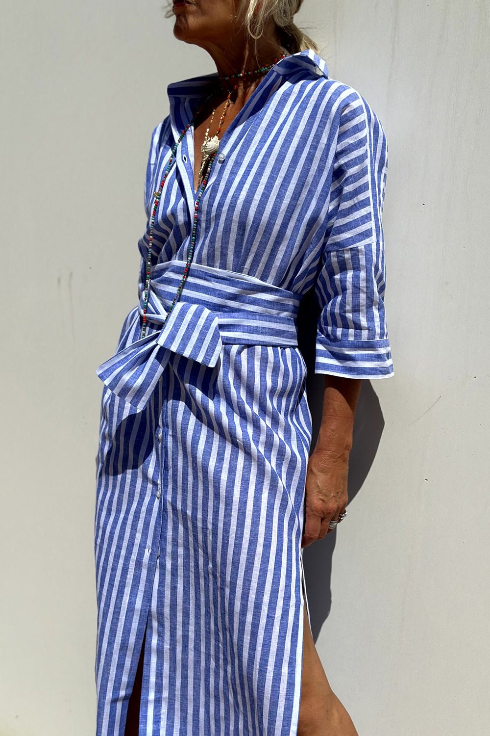 Effortless Striped Shirt Dress for Women with Collared Neck Button Front Belted Maxi Casual Style