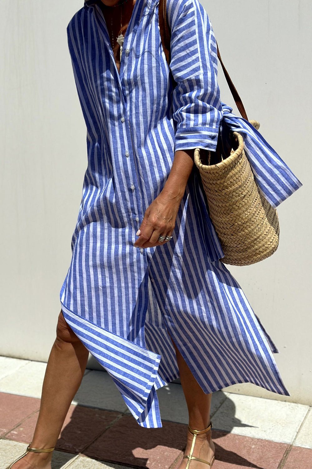 Effortless Striped Shirt Dress for Women with Collared Neck Button Front Belted Maxi Casual Style