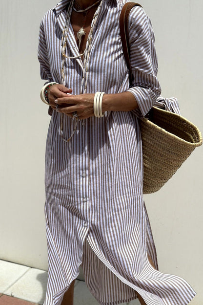 Effortless Striped Shirt Dress for Women with Collared Neck Button Front Belted Maxi Casual Style