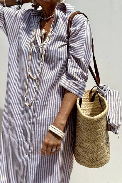 Effortless Striped Shirt Dress for Women with Collared Neck Button Front Belted Maxi Casual Style