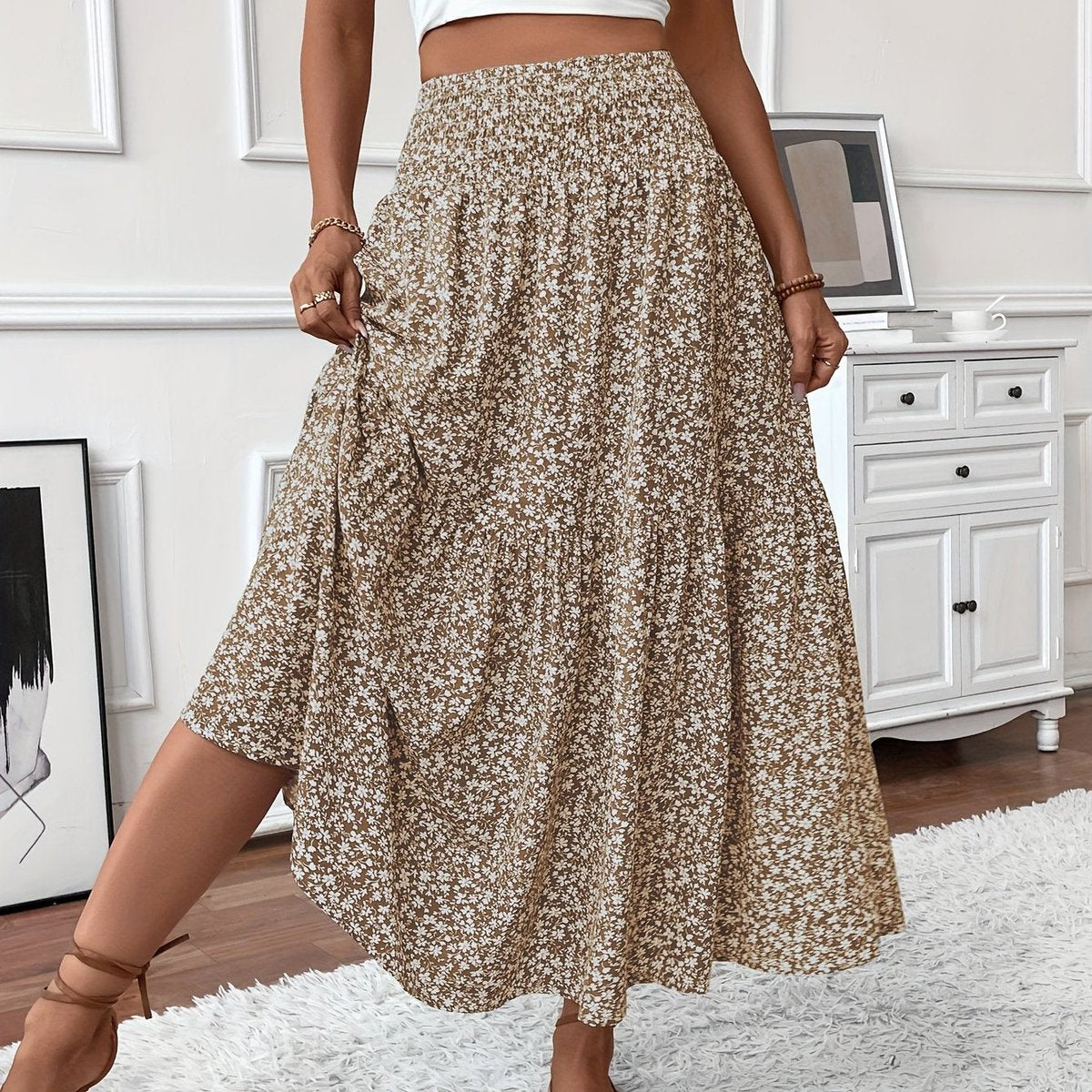Effortless Floral Maxi Skirt for Women with Smocked High Waist Tiered Flowing Bohemian Style