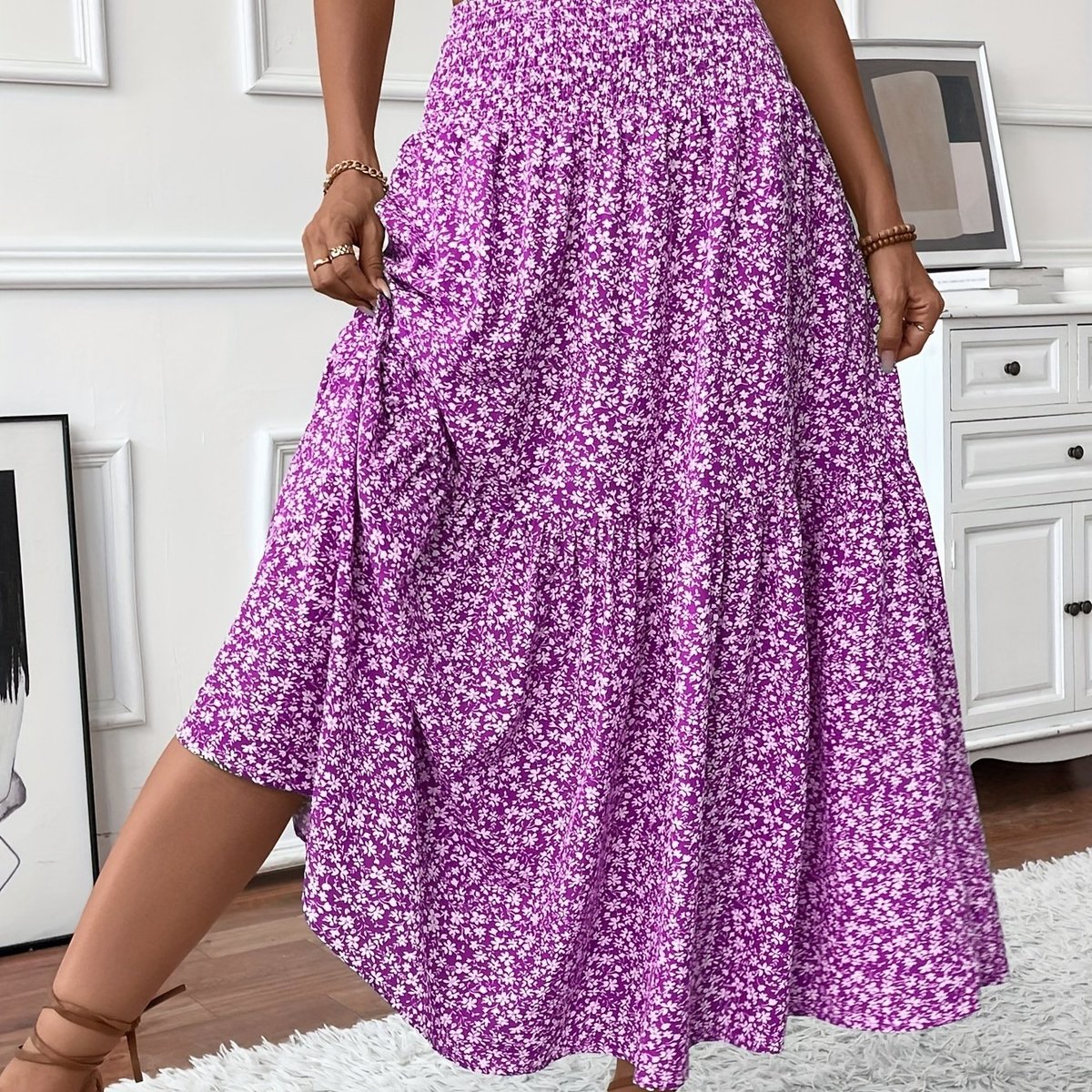 Effortless Floral Maxi Skirt for Women with Smocked High Waist Tiered Flowing Bohemian Style