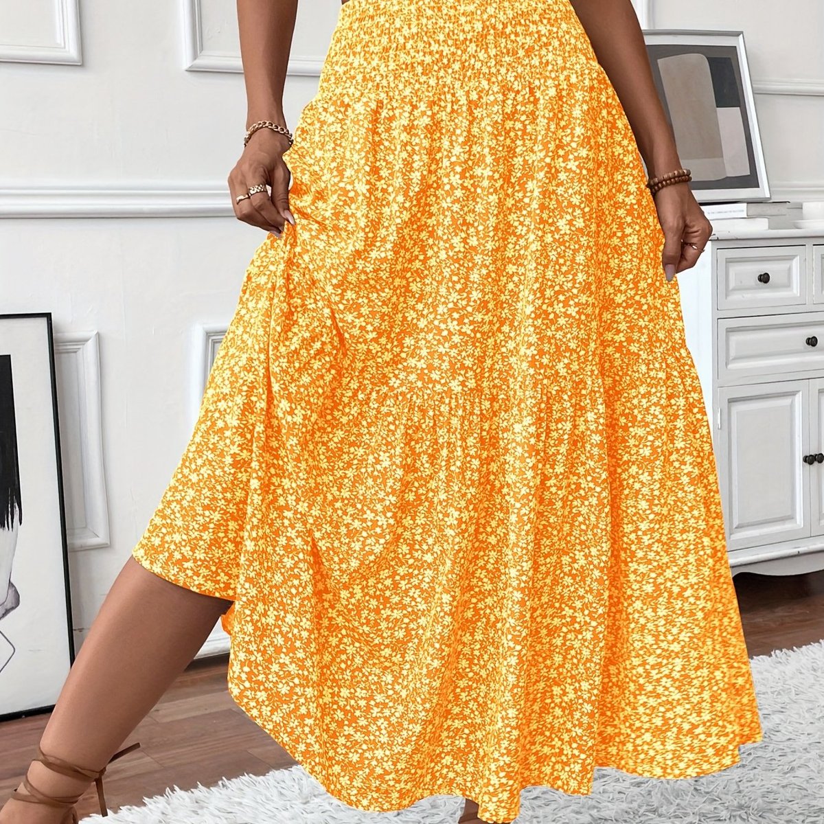 Effortless Floral Maxi Skirt for Women with Smocked High Waist Tiered Flowing Bohemian Style