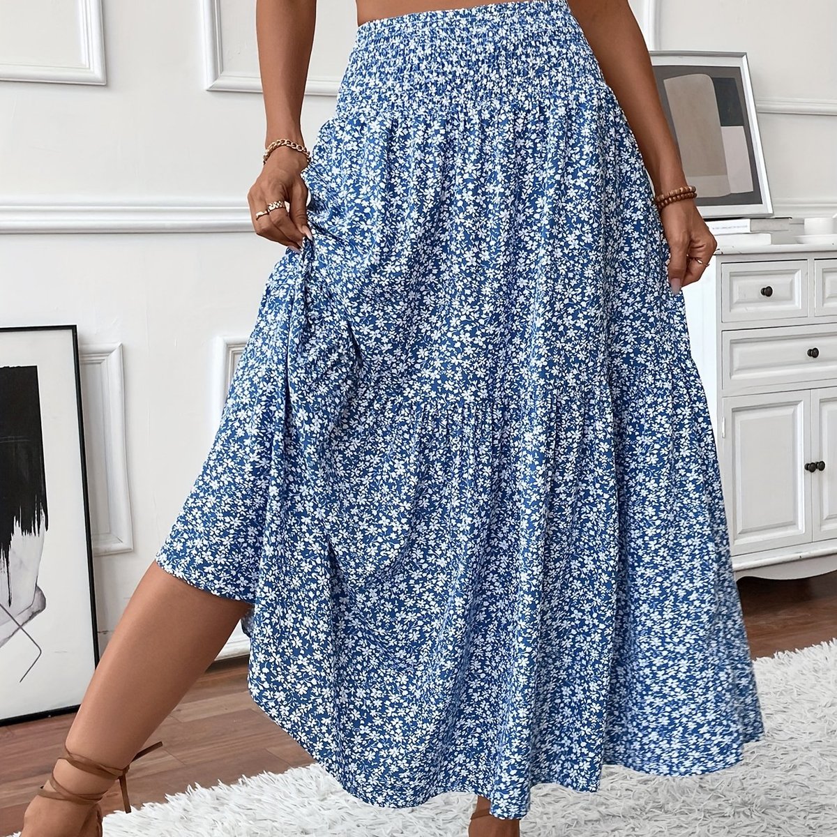 Effortless Floral Maxi Skirt for Women with Smocked High Waist Tiered Flowing Bohemian Style