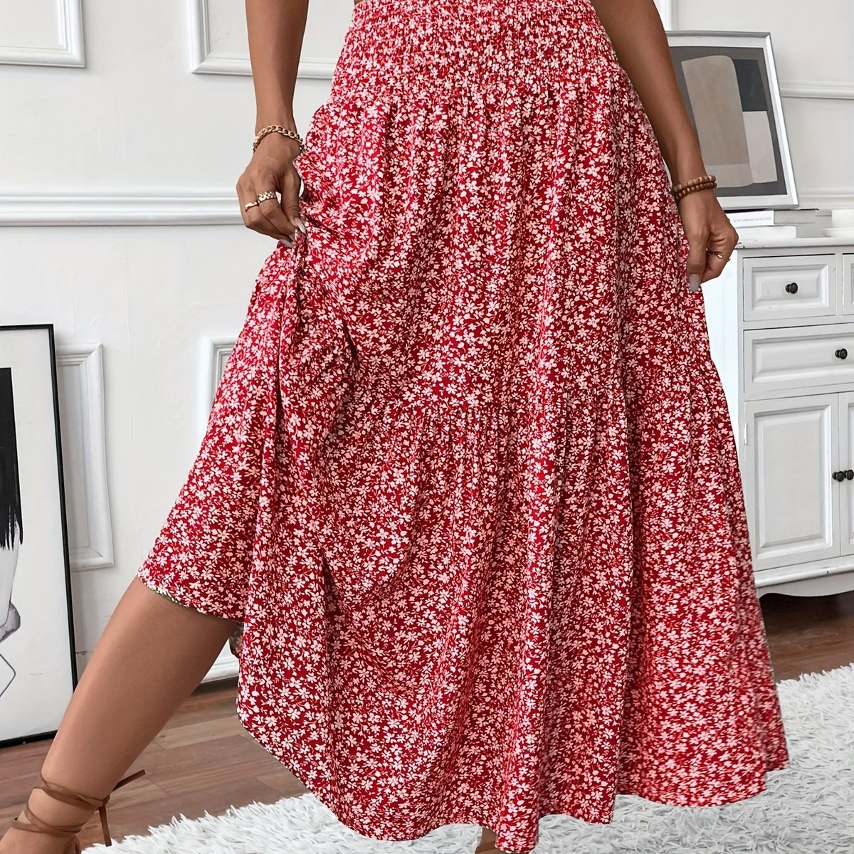 Effortless Floral Maxi Skirt for Women with Smocked High Waist Tiered Flowing Bohemian Style