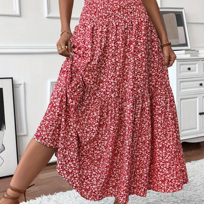Effortless Floral Maxi Skirt for Women with Smocked High Waist Tiered Flowing Bohemian Style