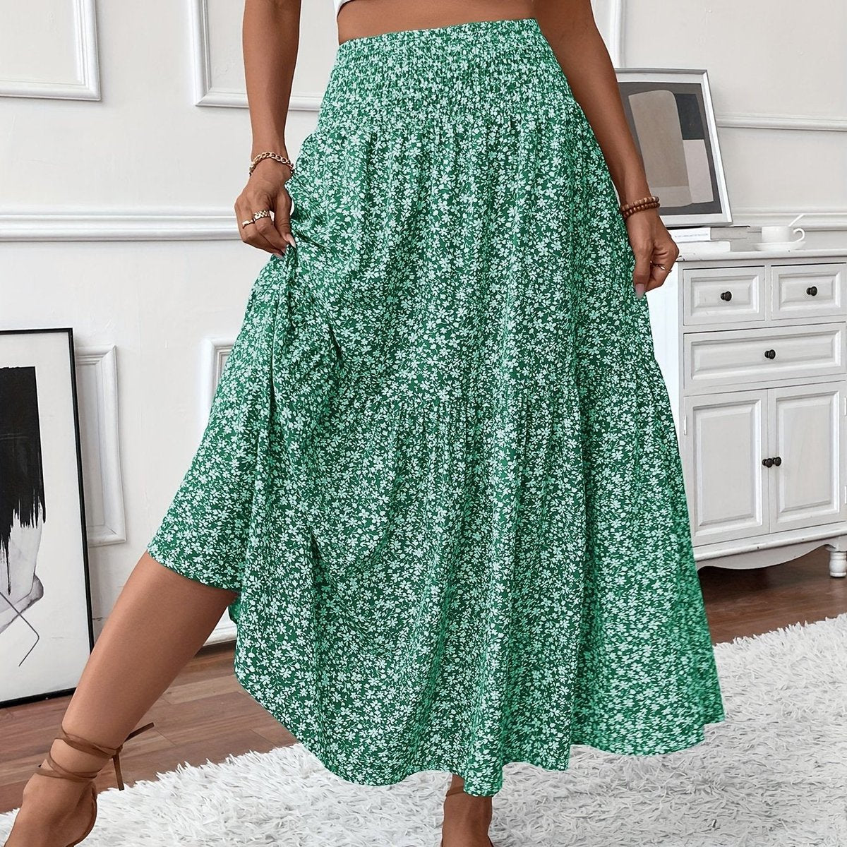Effortless Floral Maxi Skirt for Women with Smocked High Waist Tiered Flowing Bohemian Style