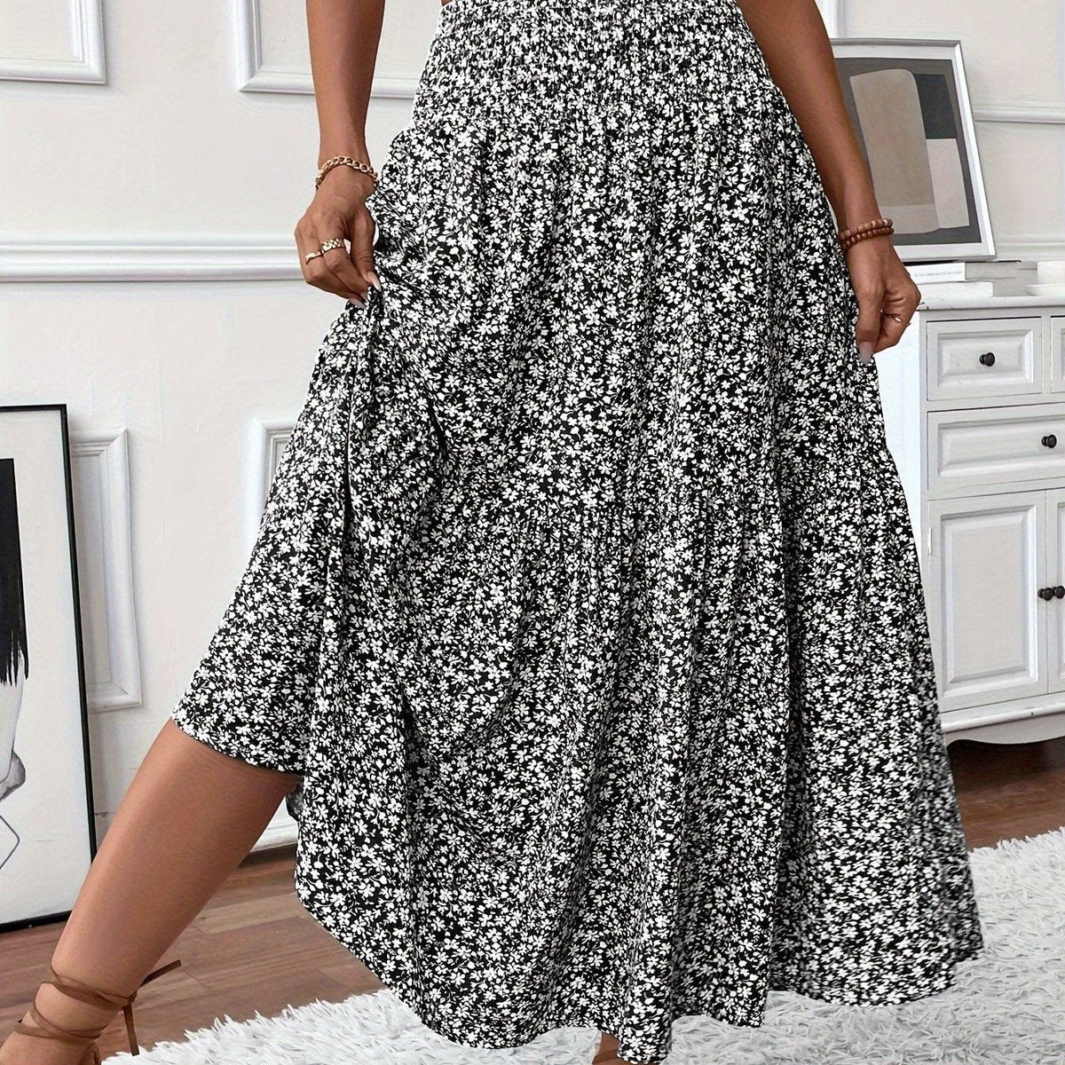 Effortless Floral Maxi Skirt for Women with Smocked High Waist Tiered Flowing Bohemian Style