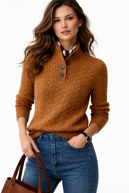 Comfortable Cable Knit Sweater for Women with Mock Neck Button Placket Long Sleeve Oversized Style
