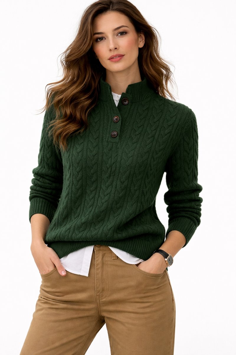 Comfortable Cable Knit Sweater for Women with Mock Neck Button Placket Long Sleeve Oversized Style