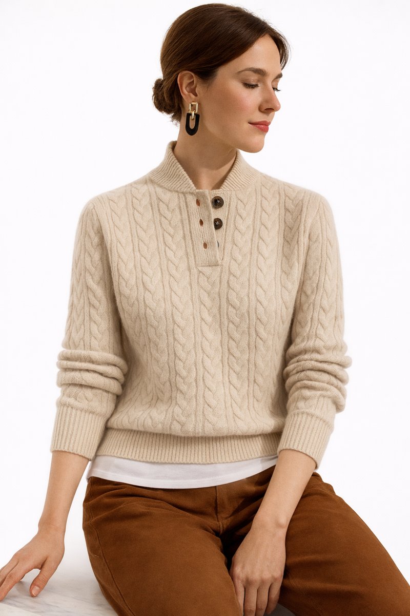 Comfortable Cable Knit Sweater for Women with Mock Neck Button Placket Long Sleeve Oversized Style