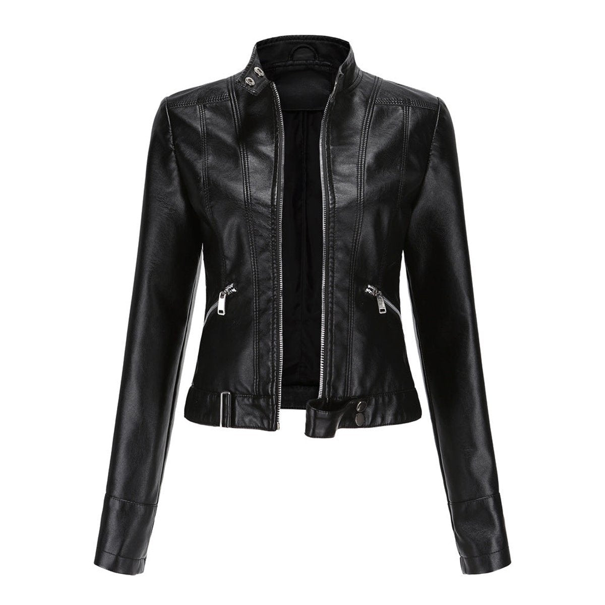 Chic Leather Jacket for Women with Stand Collar Long Sleeve Zip Front Cropped Biker Style