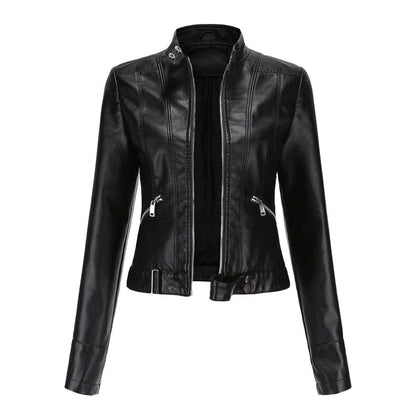Chic Leather Jacket for Women with Stand Collar Long Sleeve Zip Front Cropped Biker Style