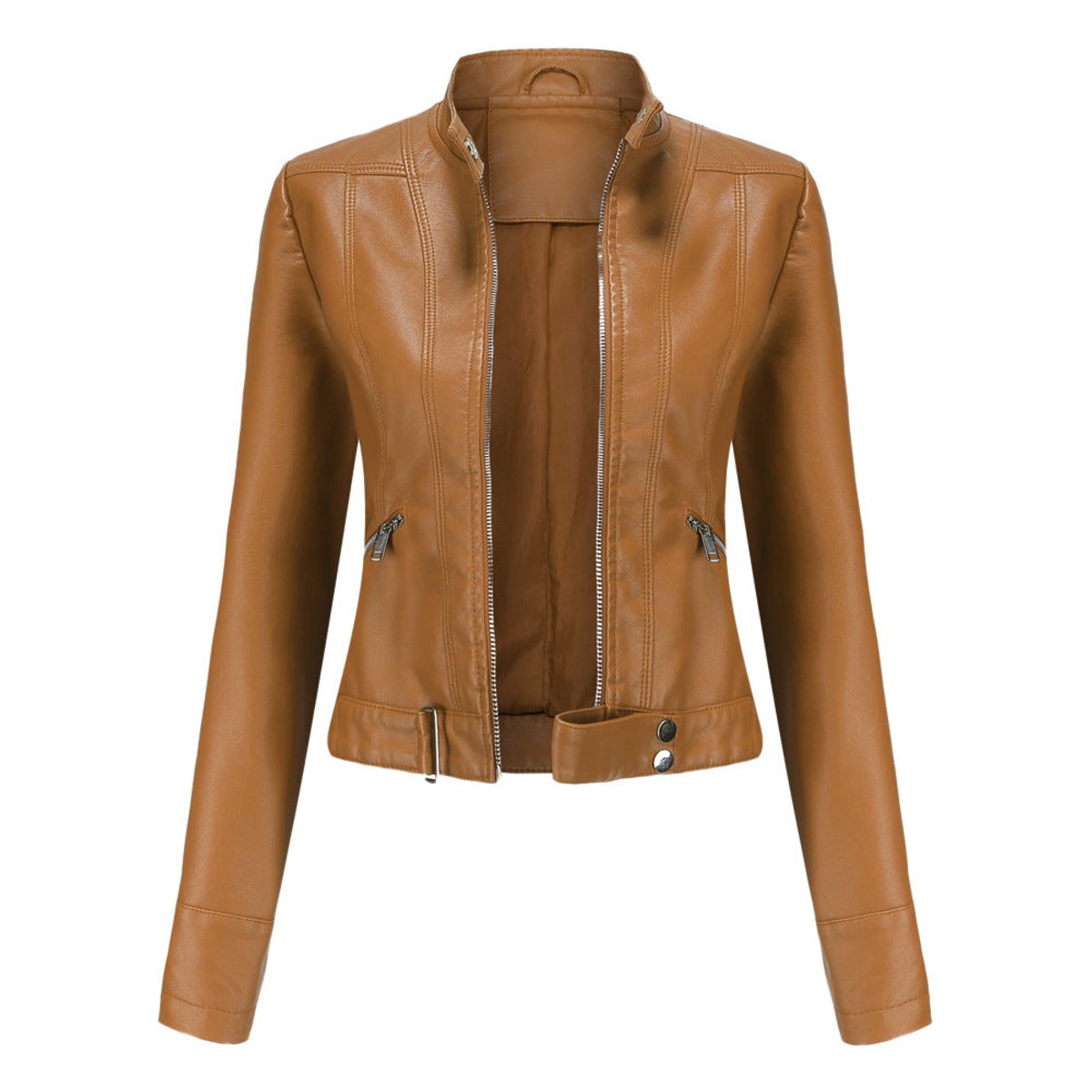 Chic Leather Jacket for Women with Stand Collar Long Sleeve Zip Front Cropped Biker Style
