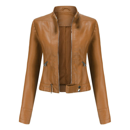 Chic Leather Jacket for Women with Stand Collar Long Sleeve Zip Front Cropped Biker Style
