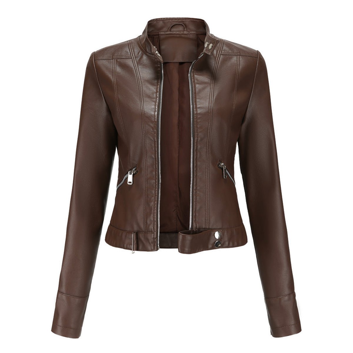 Chic Leather Jacket for Women with Stand Collar Long Sleeve Zip Front Cropped Biker Style