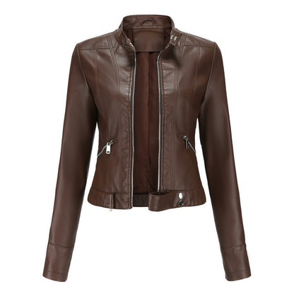 Chic Leather Jacket for Women with Stand Collar Long Sleeve Zip Front Cropped Biker Style