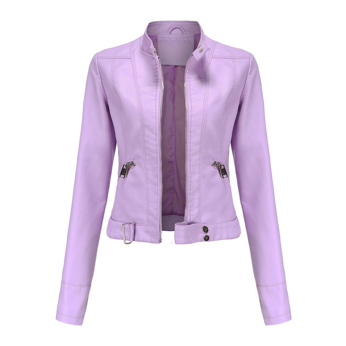 Chic Leather Jacket for Women with Stand Collar Long Sleeve Zip Front Cropped Biker Style