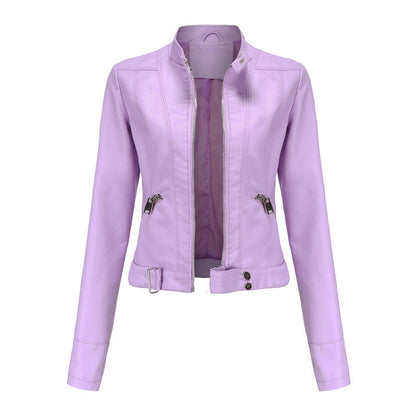 Chic Leather Jacket for Women with Stand Collar Long Sleeve Zip Front Cropped Biker Style