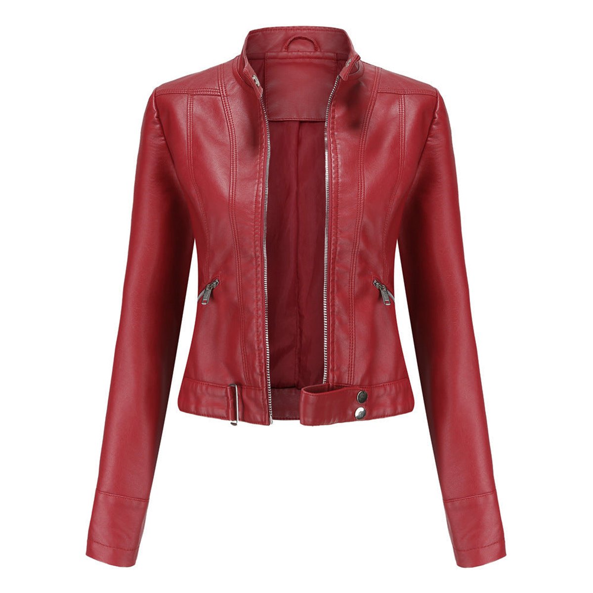 Chic Leather Jacket for Women with Stand Collar Long Sleeve Zip Front Cropped Biker Style