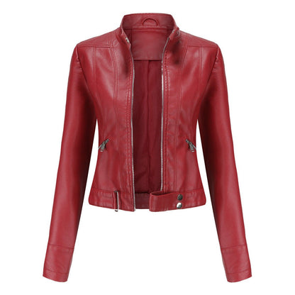 Chic Leather Jacket for Women with Stand Collar Long Sleeve Zip Front Cropped Biker Style