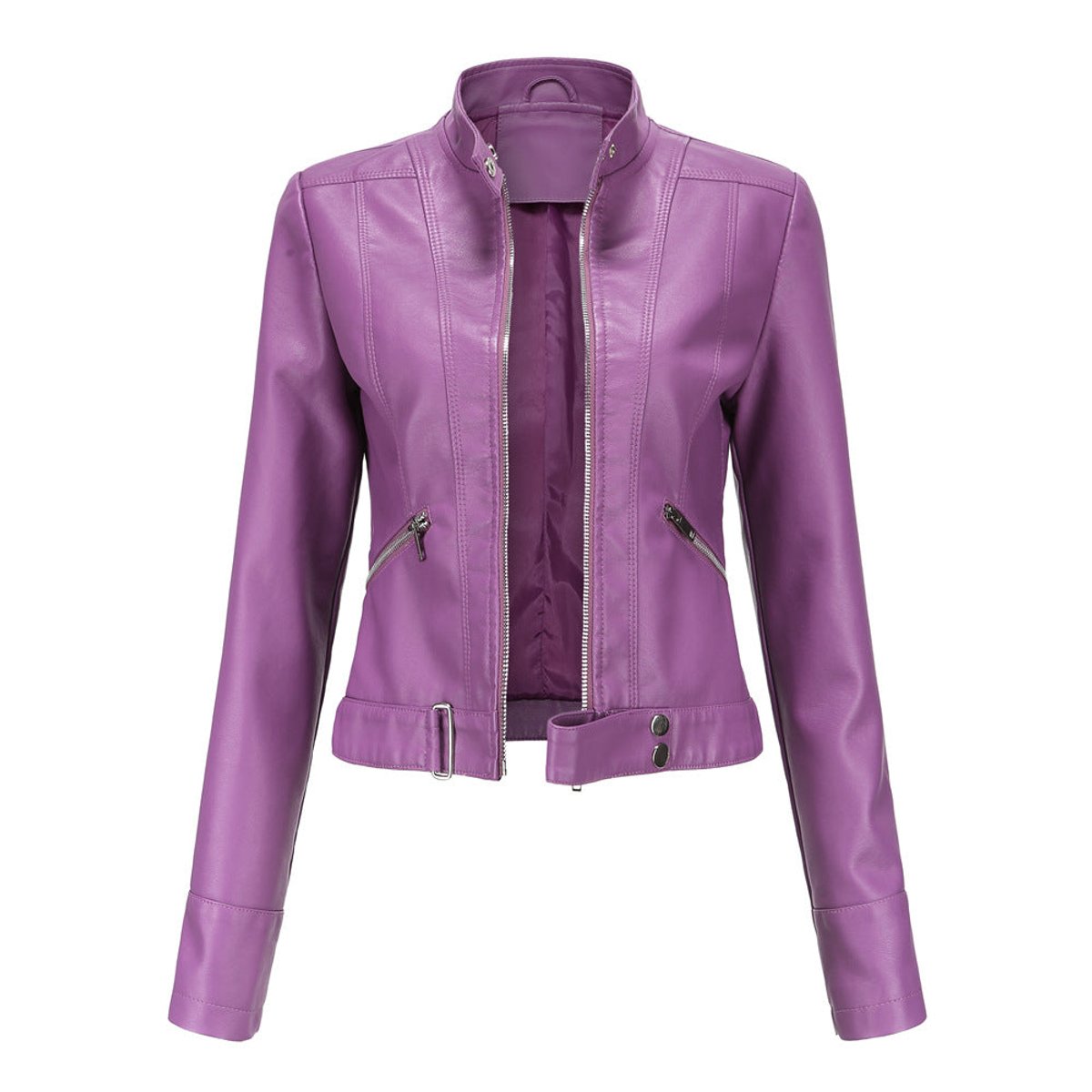 Chic Leather Jacket for Women with Stand Collar Long Sleeve Zip Front Cropped Biker Style